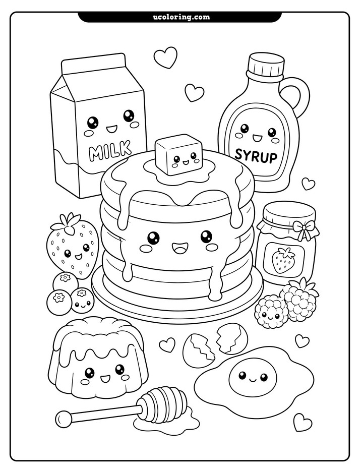 Kawaii pancake stack with syrup, butter, breakfast treats, and floating hearts coloring page