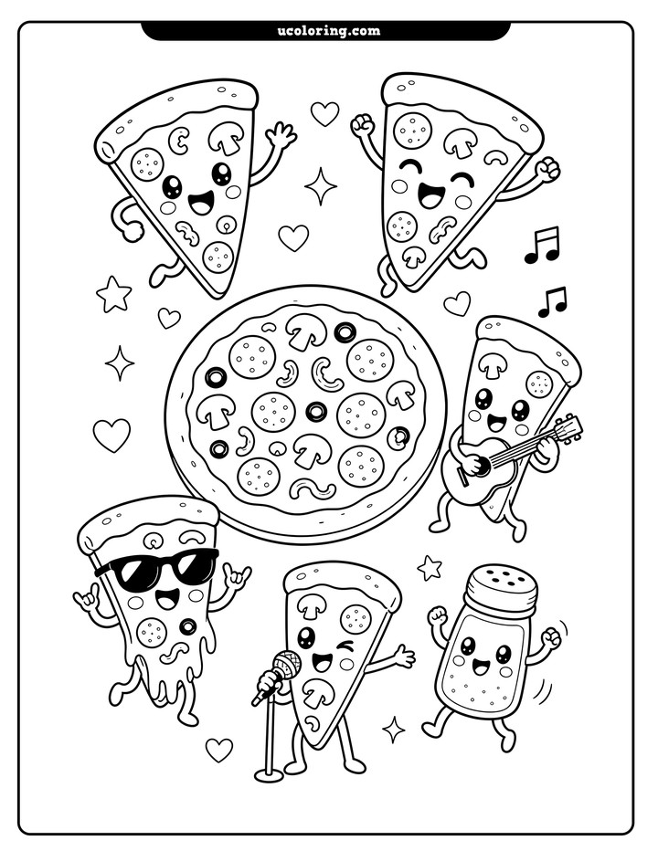 Kawaii pizza slices surround a large pizza with music, toppings, and a dancing seasoning shaker coloring page