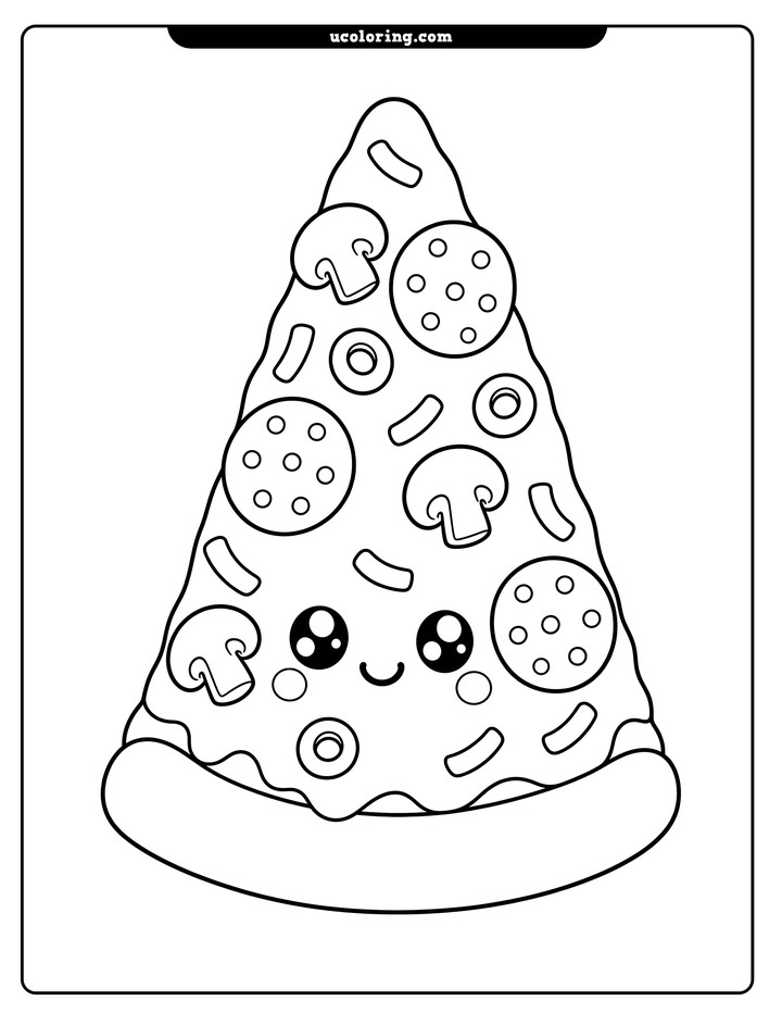 A smiling kawaii pizza slice with pepperoni, mushrooms, olive rings, and cheese strips coloring page