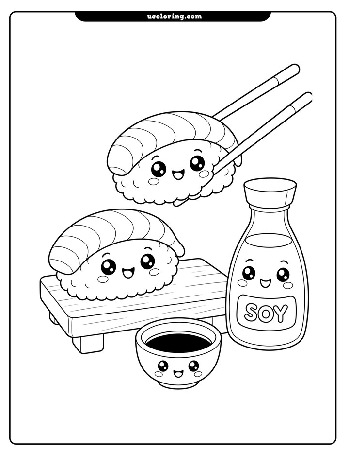 Two smiling sushi nigiri on a serving board with chopsticks, a "SOY" bottle, and dipping bowl coloring page