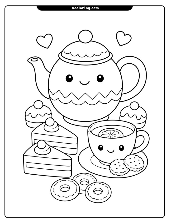 Kawaii teapot with a smiling teacup, cakes, cookies, pastries, and floating hearts coloring page