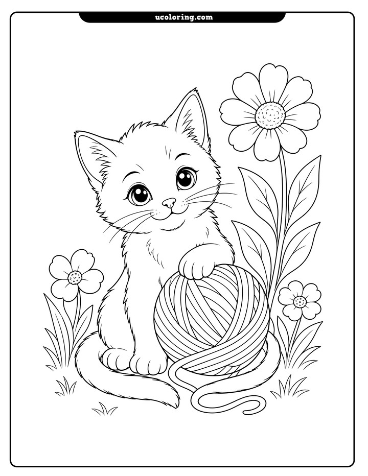 A young kitten plays with a large ball of yarn among leaves, grass, and flowers coloring page