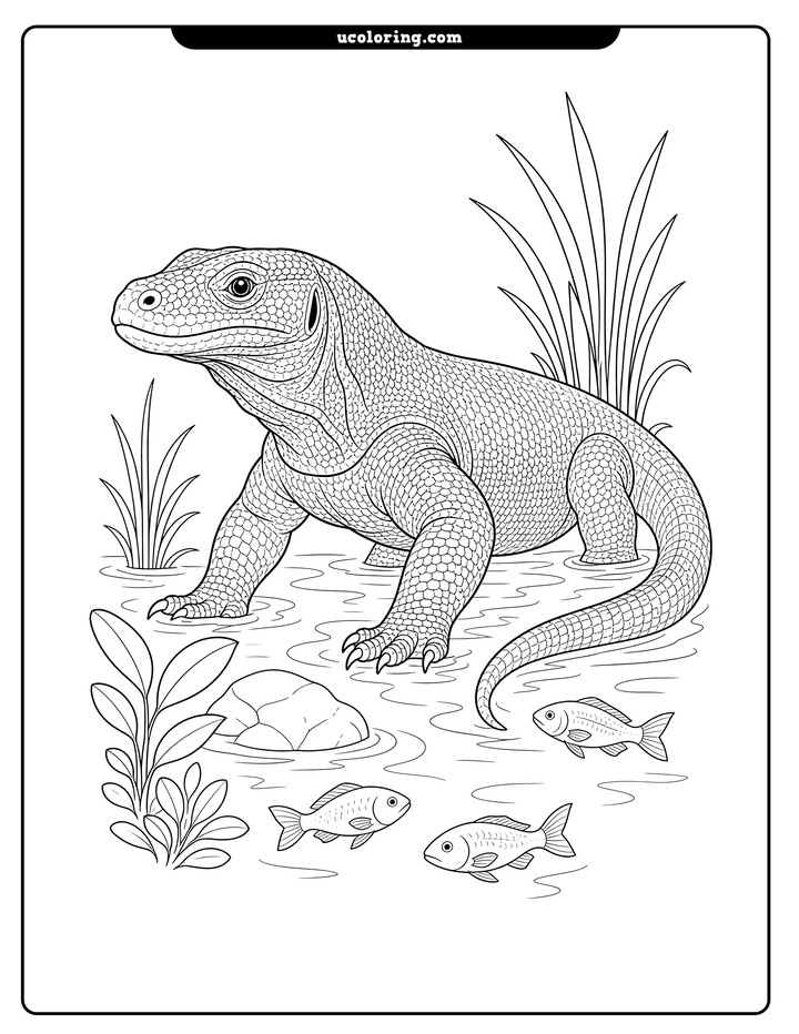 A detailed Komodo dragon wades through shallow water with fish, reeds, aquatic plants, a rock, and ripples coloring page
