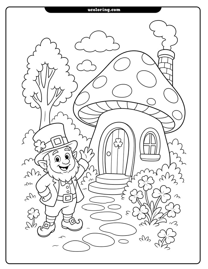 A smiling leprechaun waves toward a spotted mushroom cottage with trees, clover flowers, and clouds coloring page
