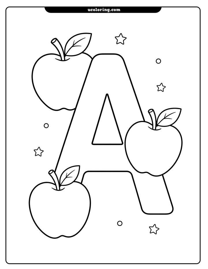 Large uppercase letter A surrounded by simple apples with leaves and stems coloring page
