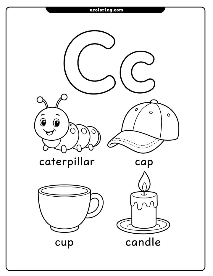Large uppercase and lowercase C above a caterpillar, cap, cup, and lit candle, each labeled coloring page
