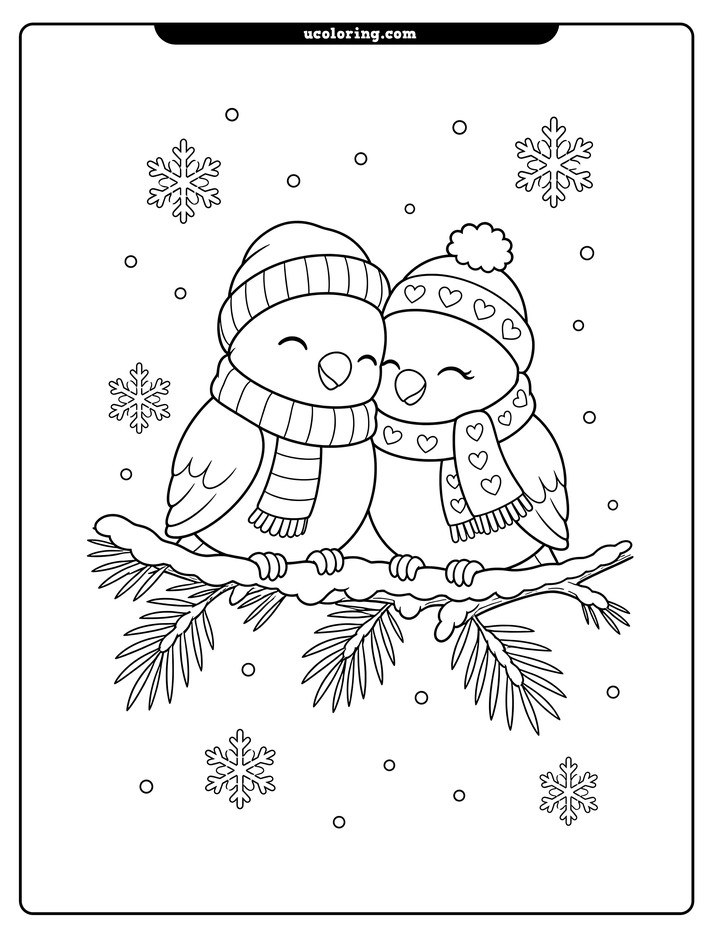 Two cuddling lovebirds in winter hats and scarves perch on a snowy evergreen branch with falling snowflakes coloring page