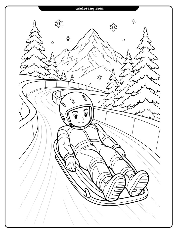 Young luge rider speeding feet-first on a curving icy track with mountains, evergreen trees, and snowflakes coloring page