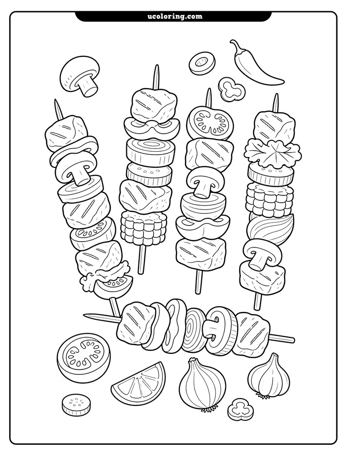 Five meat and vegetable kabobs on skewers with scattered ingredients coloring page