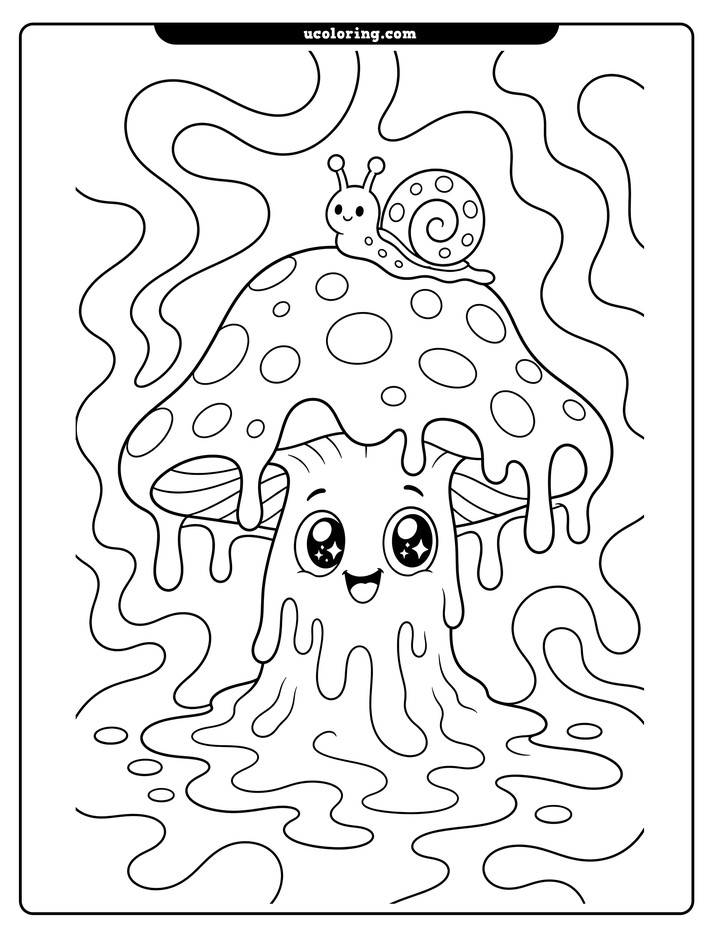 A melting spotted mushroom with a tiny snail, flowing drips, and wavy lines coloring page