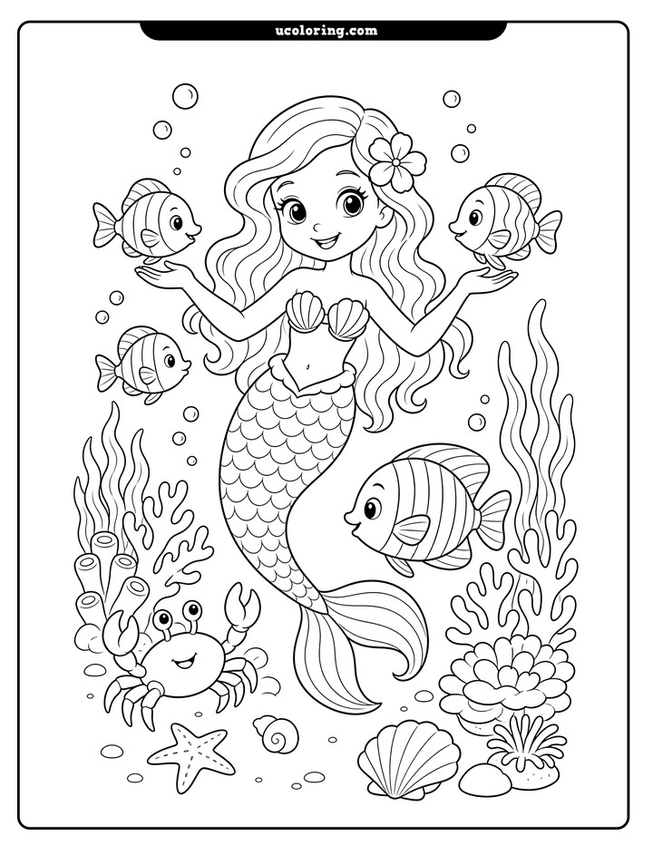 Young mermaid with tropical fish, coral, seaweed, shells, bubbles, and a crab in bold black line art coloring page