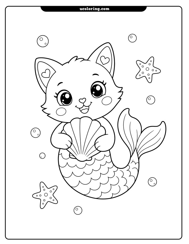 A smiling mermaid kitten with a curled fish tail holds a large seashell, surrounded by bubbles and starfish coloring page