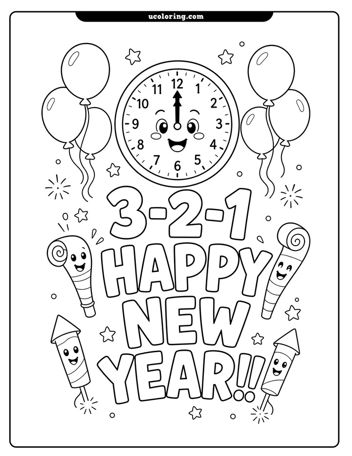 Smiling midnight clock, balloons, party blowers, fireworks rockets, and "3-2-1 HAPPY NEW YEAR!!" coloring page
