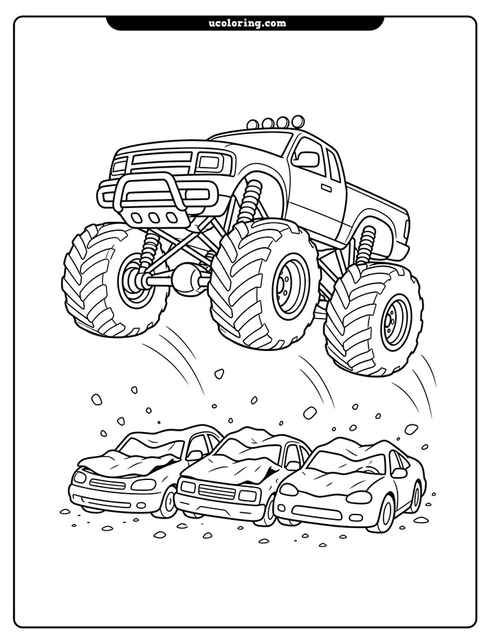 A raised monster truck jumps above three cars with pebbles and motion marks coloring page