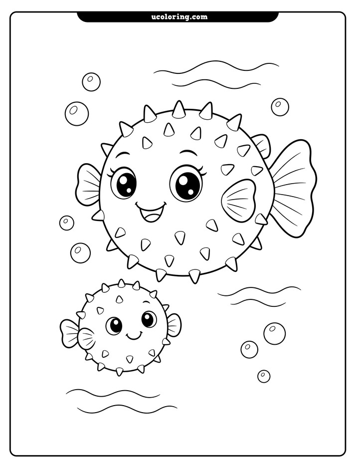 A smiling mother pufferfish and baby pufferfish swim among bubbles and wavy water lines coloring page