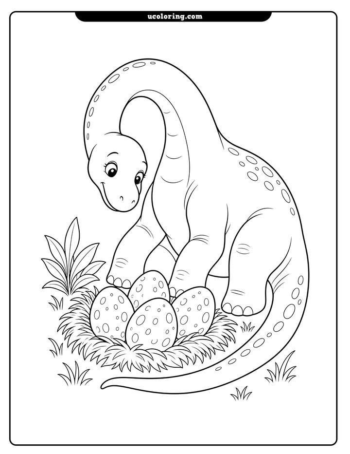 A gentle mother brachiosaurus curls around a nest of large speckled dinosaur eggs coloring page