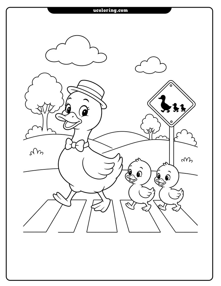 Mother duck in a brimmed hat and bow tie walks with two ducklings across a pedestrian crossing coloring page