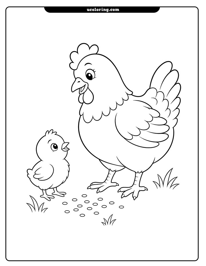 A large mother hen and smaller chick stand beside chicken-feed grains and grass tufts coloring page