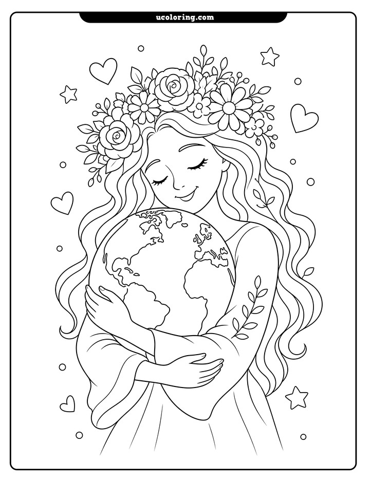 Mother Nature with flowing hair and a flower crown hugs an Earth globe amid small hearts and stars coloring page