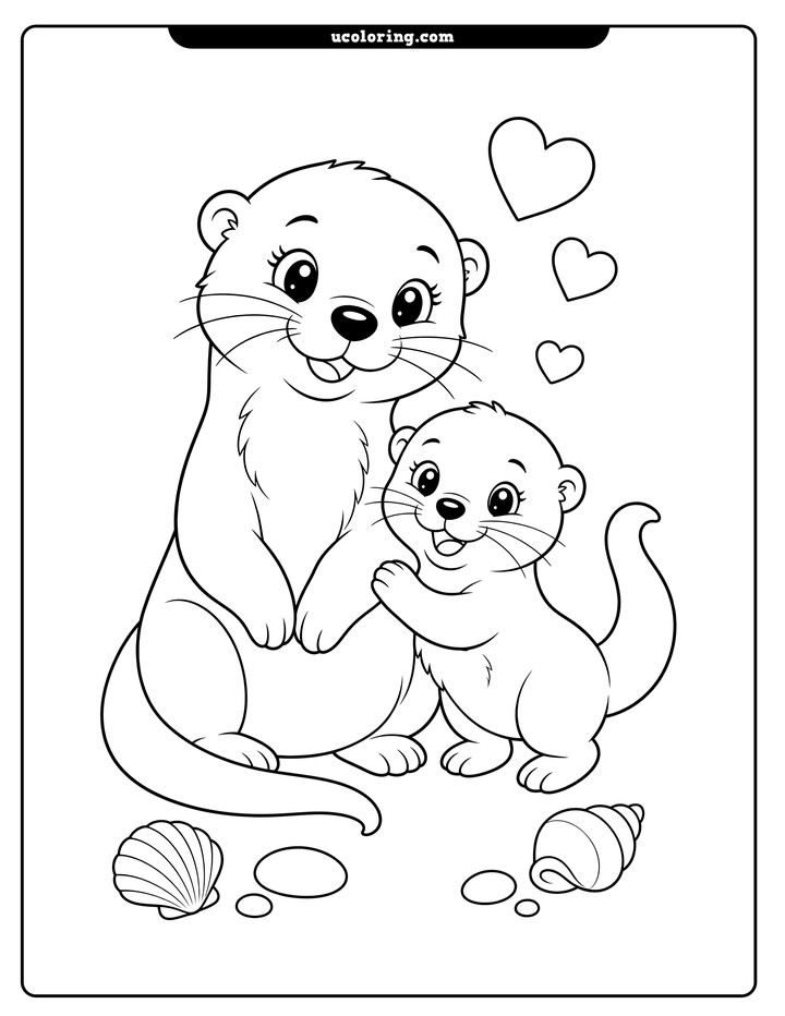 Mother otter and baby otter standing together with floating hearts, shells, and pebbles coloring page