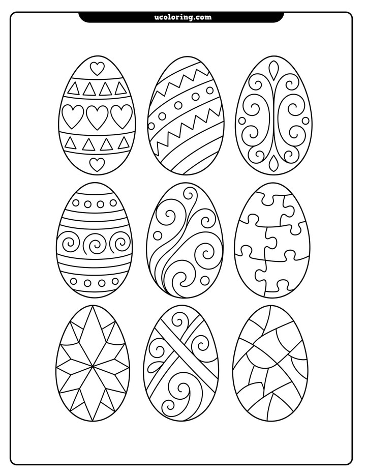 Nine patterned Easter eggs arranged in a three-by-three grid on a white background coloring page