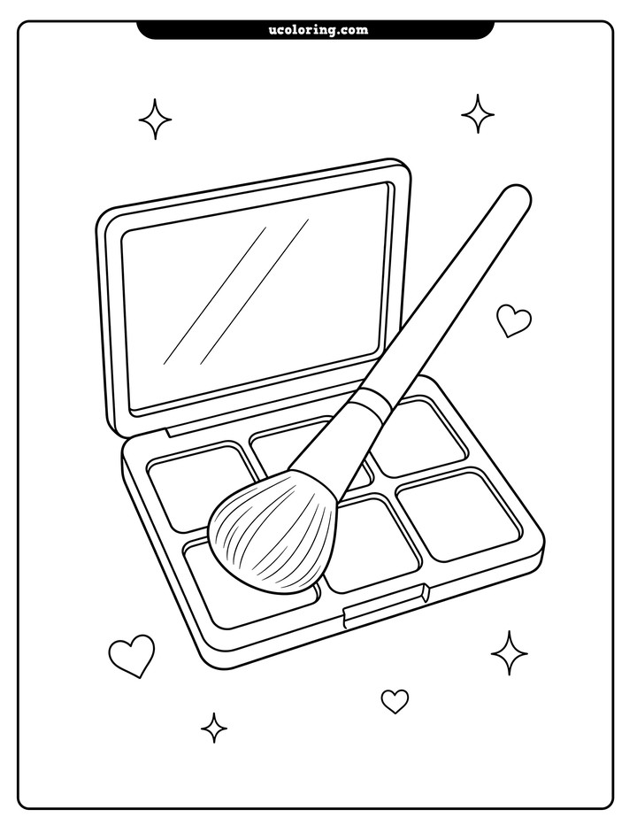 An open makeup palette with a raised mirror, six pans, and a fluffy brush resting diagonally coloring page
