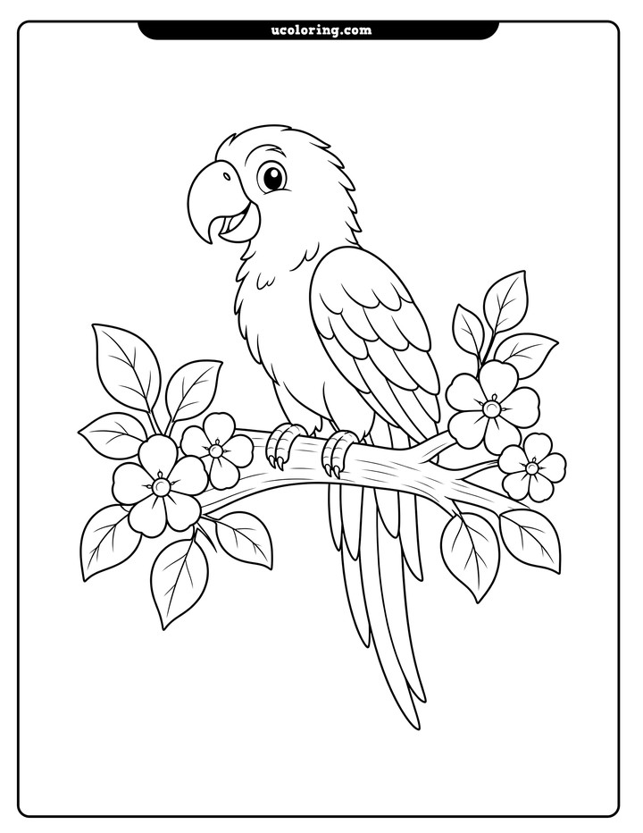 A friendly parrot with layered feathers perches on a flowering branch with broad leaves coloring page