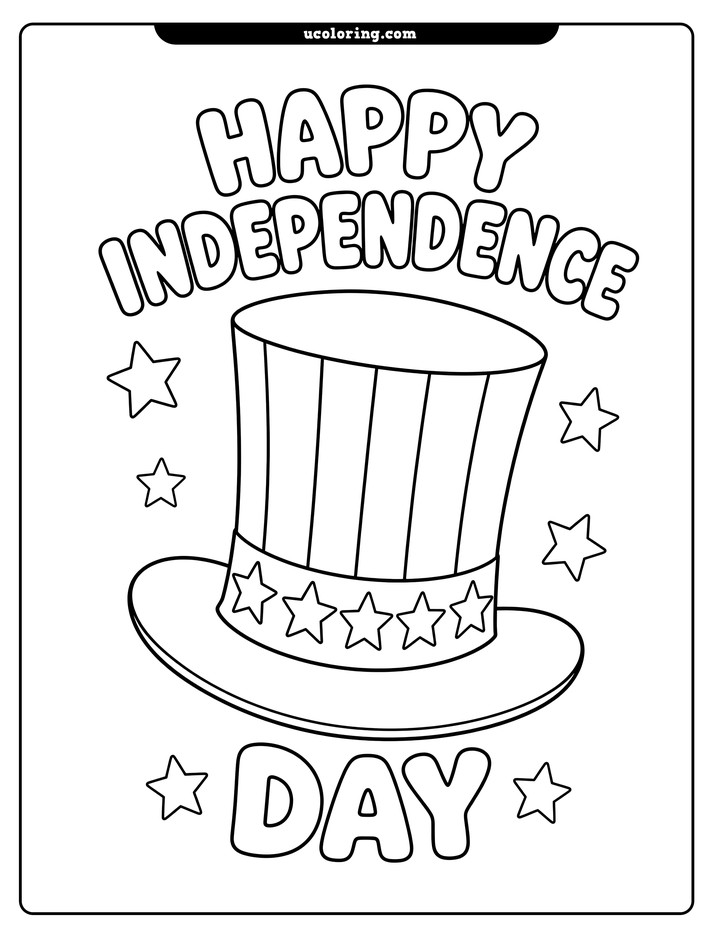 A tilted striped Uncle Sam top hat with stars and "HAPPY INDEPENDENCE DAY" lettering coloring page