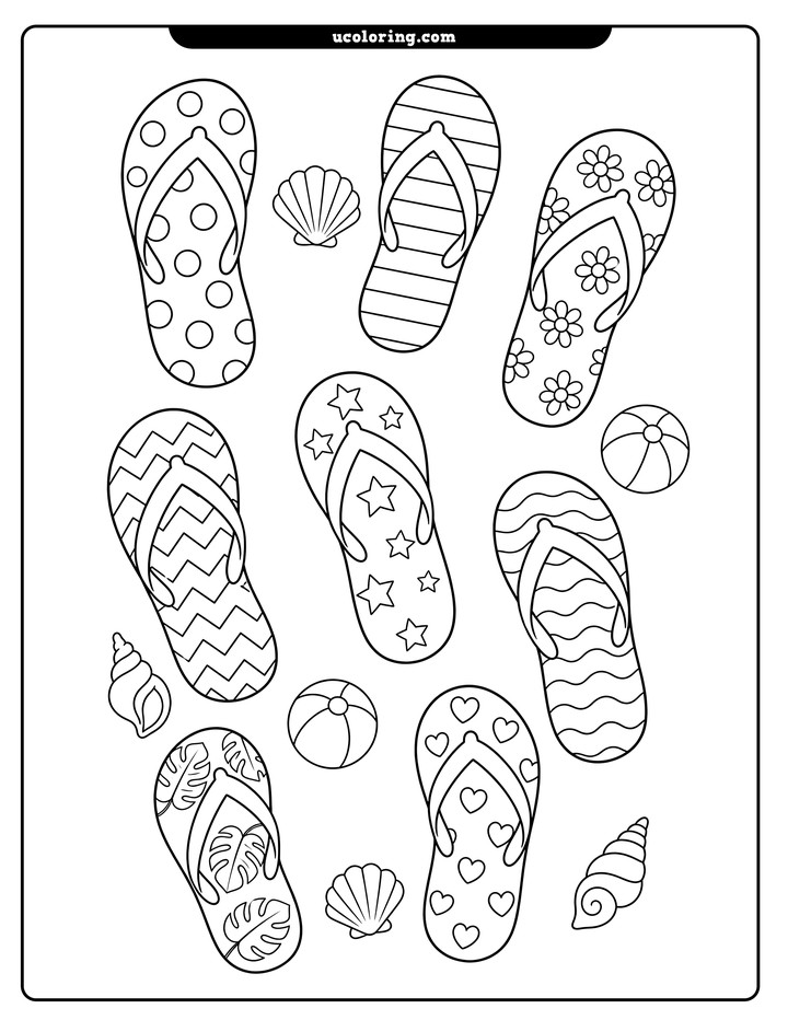 Top-down patterned flip-flops with seashells and beach balls in bold line art coloring page
