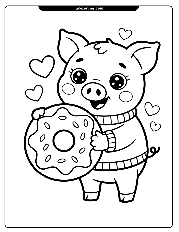 Cheerful pig in a sweater holding a giant frosted donut coloring page