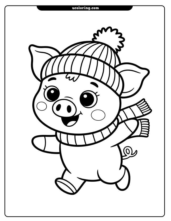 Smiling piglet wearing a striped winter hat and scarf coloring page