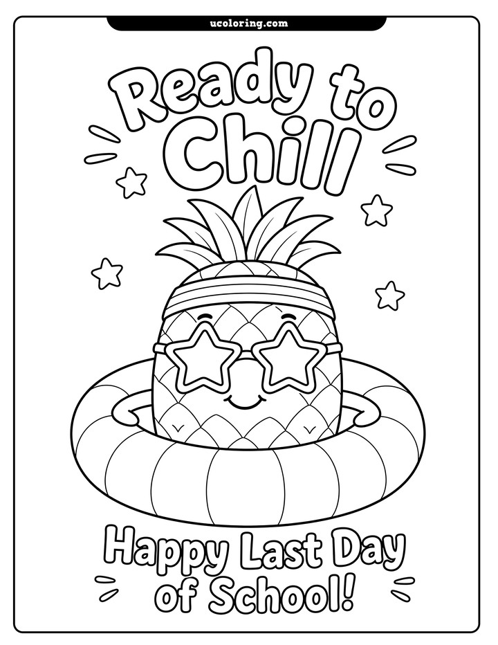 Pineapple character in a round pool float with star-shaped sunglasses, a striped headband, and playful text coloring page