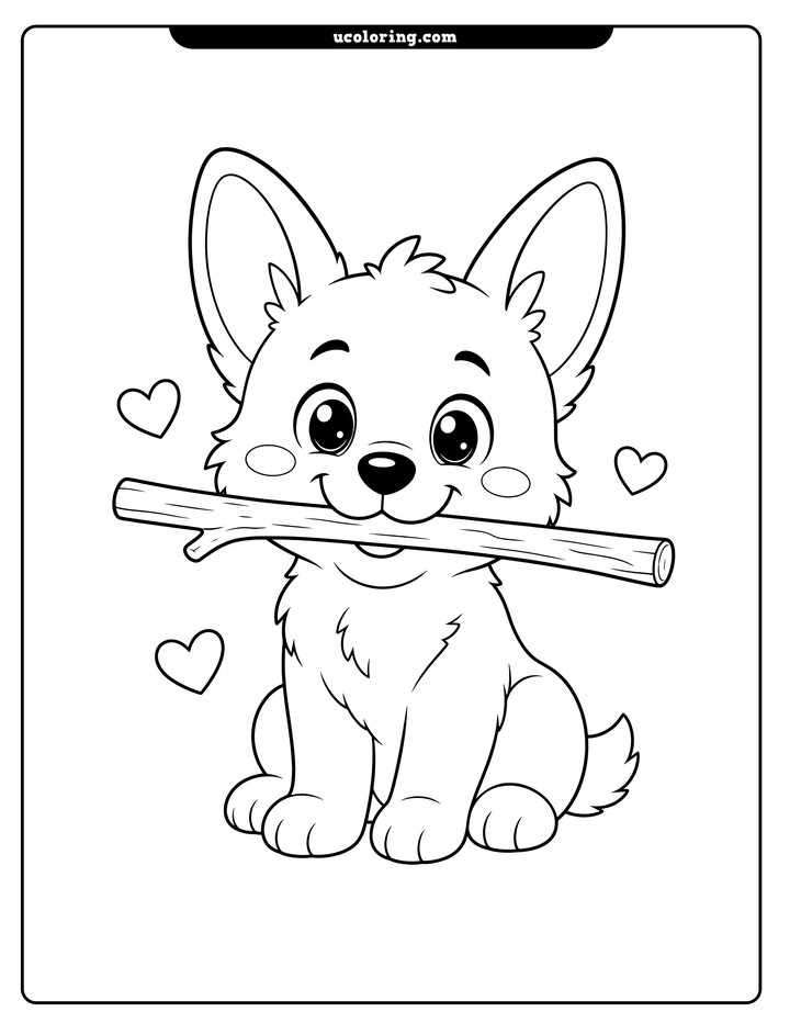 A forward-facing puppy with upright ears holds a long stick across its mouth coloring page