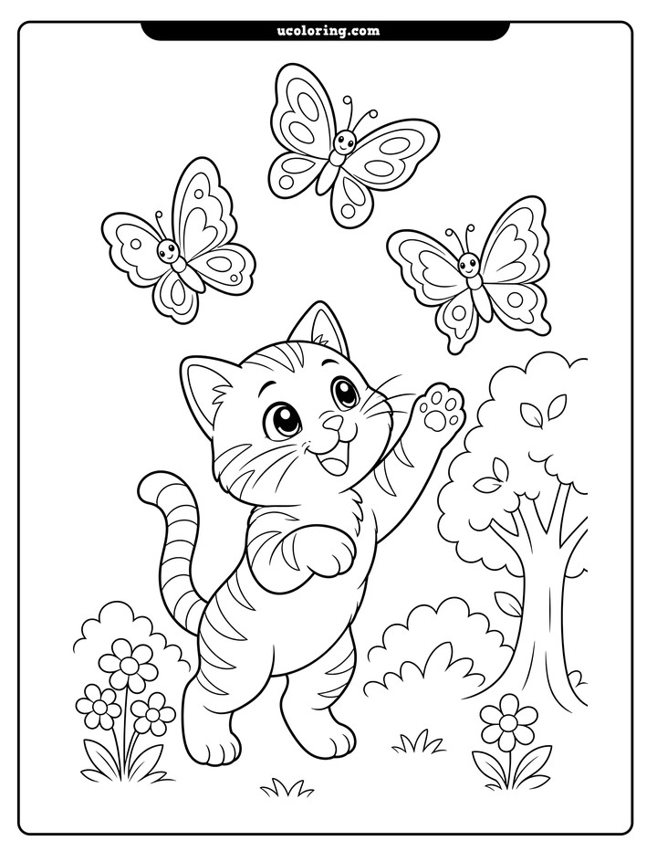 A striped kitten reaches toward three patterned butterflies in a simple sunny garden coloring page