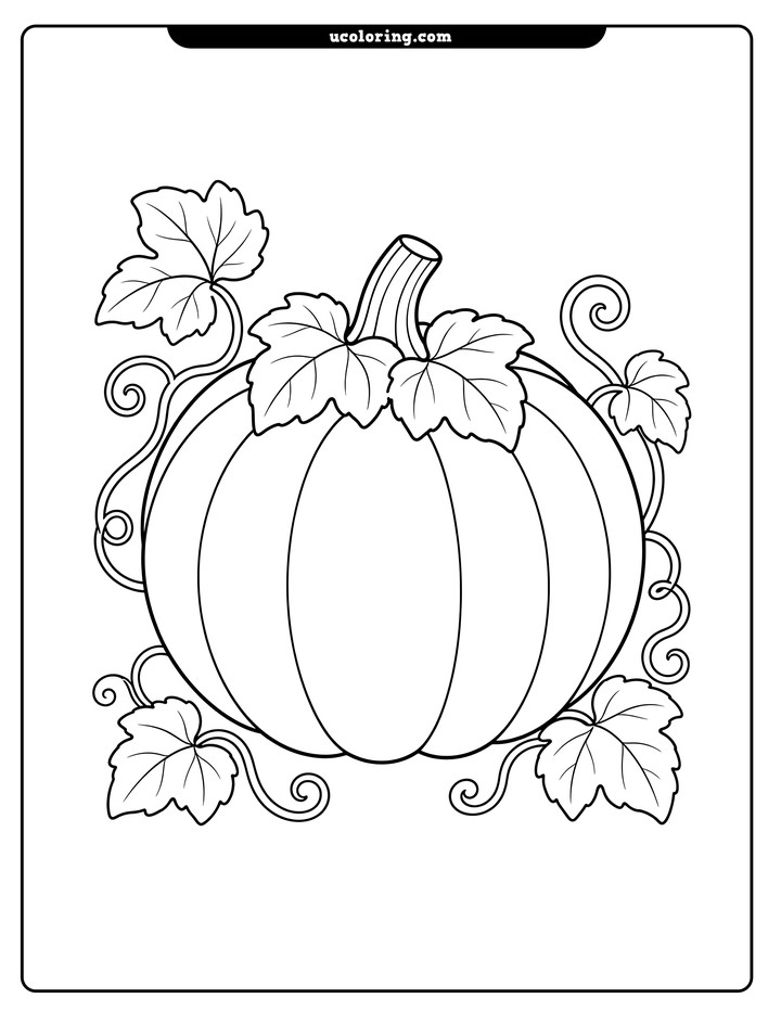 A large plump pumpkin with curling vines, leaves, and spiral tendrils in an open composition coloring page