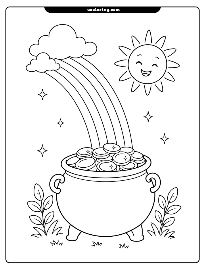 A cauldron of gold coins beneath a rainbow, with clouds, a smiling sun, stars, and leafy plants coloring page