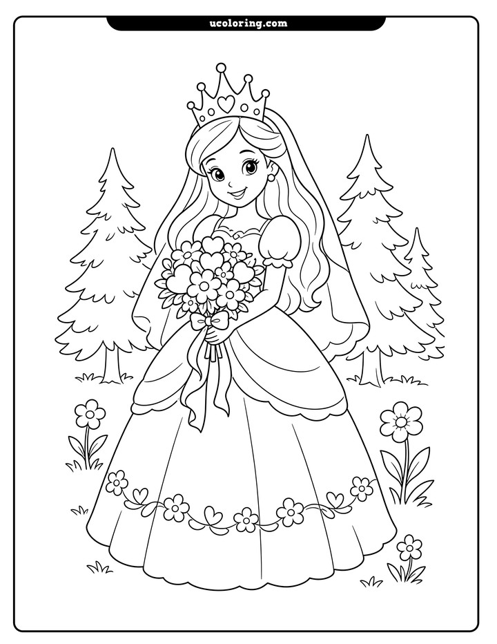 A smiling princess bride in a wedding gown holds a flower bouquet in a forest clearing coloring page