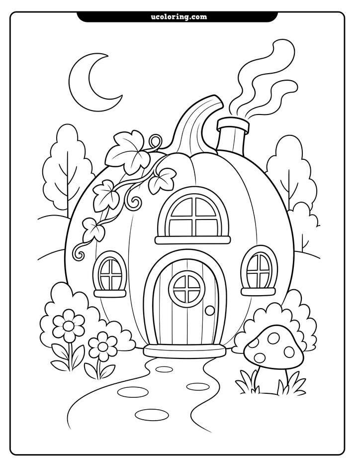 Pumpkin-shaped cottage with windows, a vine, flowers, a mushroom, crescent moon, and distant trees coloring page