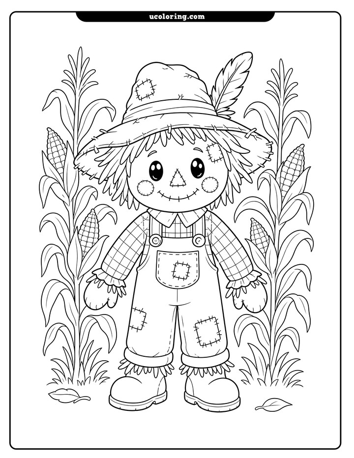 Front-facing rag-doll scarecrow in patched overalls among tall corn stalks coloring page