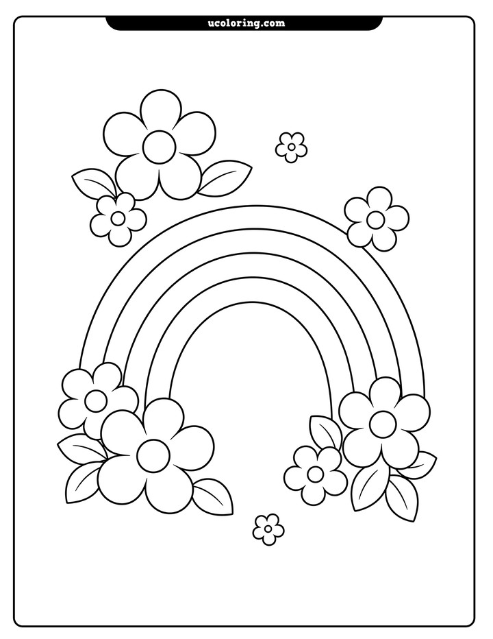 A large four-band rainbow with flower clusters, leaves, and floating blossoms on a plain background coloring page