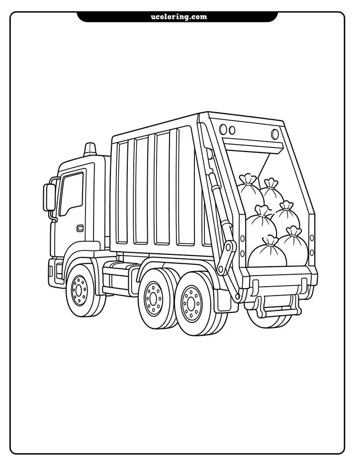 A large rear-loading garbage truck with six wheels and tied trash bags in its open rear compartment coloring page