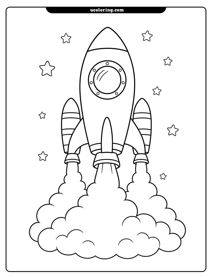 Front-facing rocket with side boosters, smoke, and scattered stars coloring page