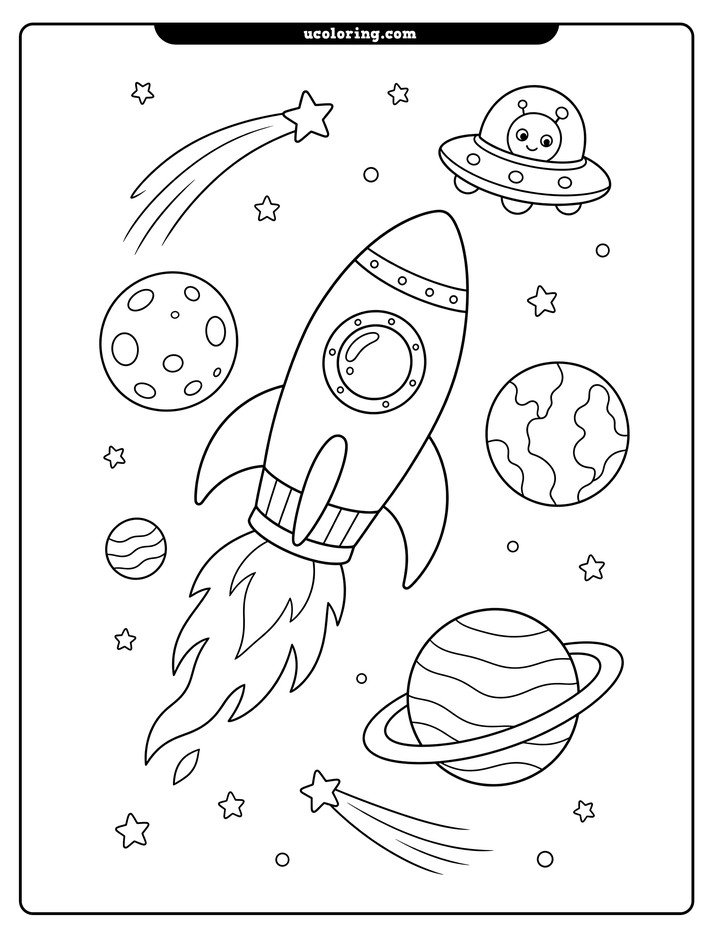 Rocket ship launching through space with planets, a moon, UFO, stars, and shooting stars coloring page