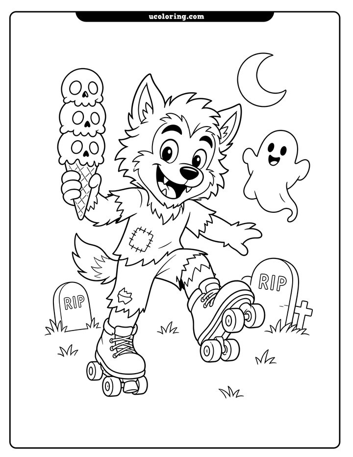 A smiling werewolf on quad skates holds a cone with three skull-shaped ice cream scoops, with a ghost and moon coloring page