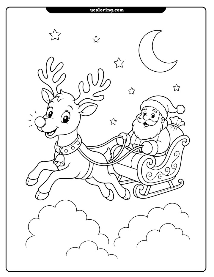Rudolph flying through the night sky while pulling Santa Claus in an ornate sleigh coloring page