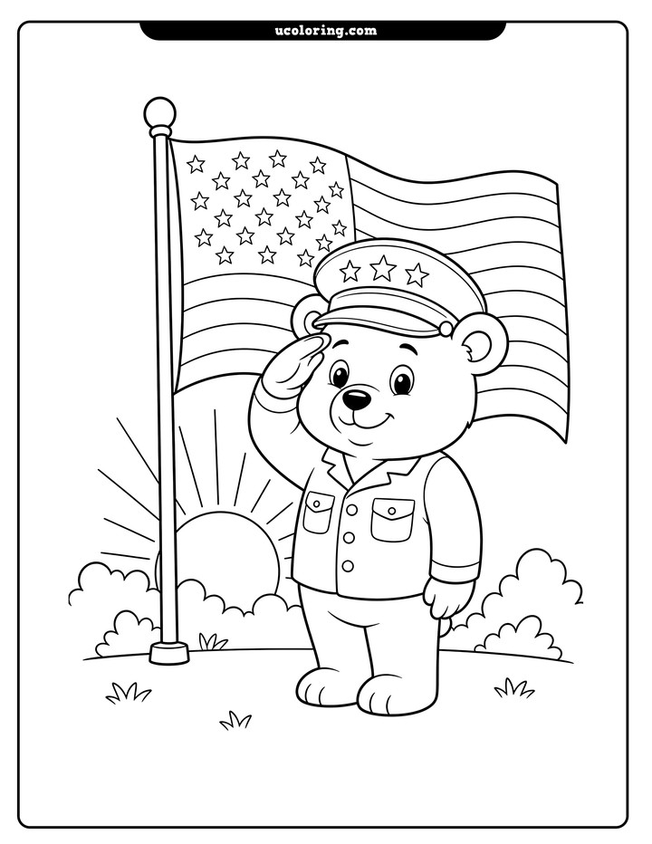 A saluting bear in a star-decorated hat stands before an American flag and radiant sun coloring page