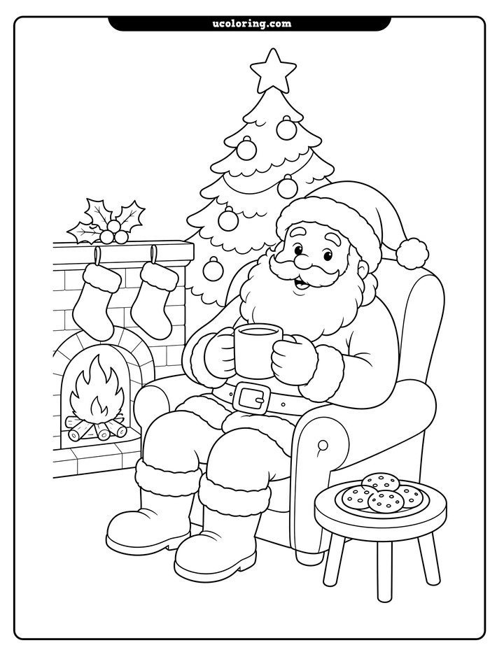Santa Claus in an armchair with a mug, Christmas tree, fireplace, stockings, and cookies coloring page