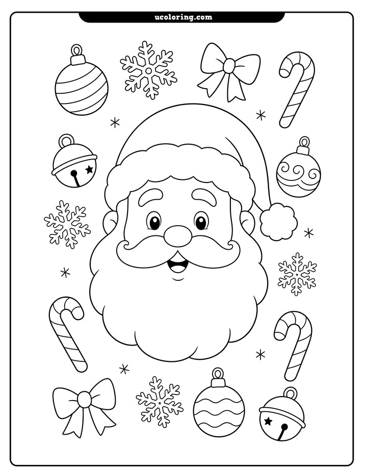 Cheerful Santa Claus face with candy canes, baubles, bells, bows, and snowflakes coloring page