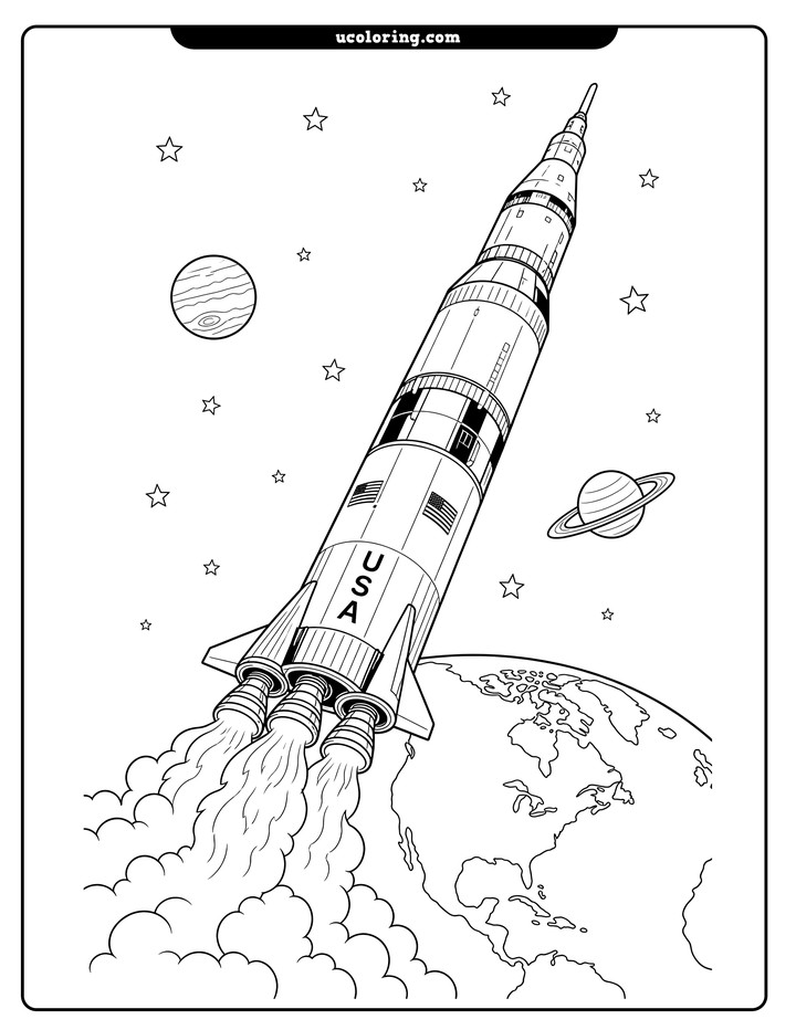 Saturn V rocket with "USA" lettering launching above a curved Earth, stars, and distant planets coloring page