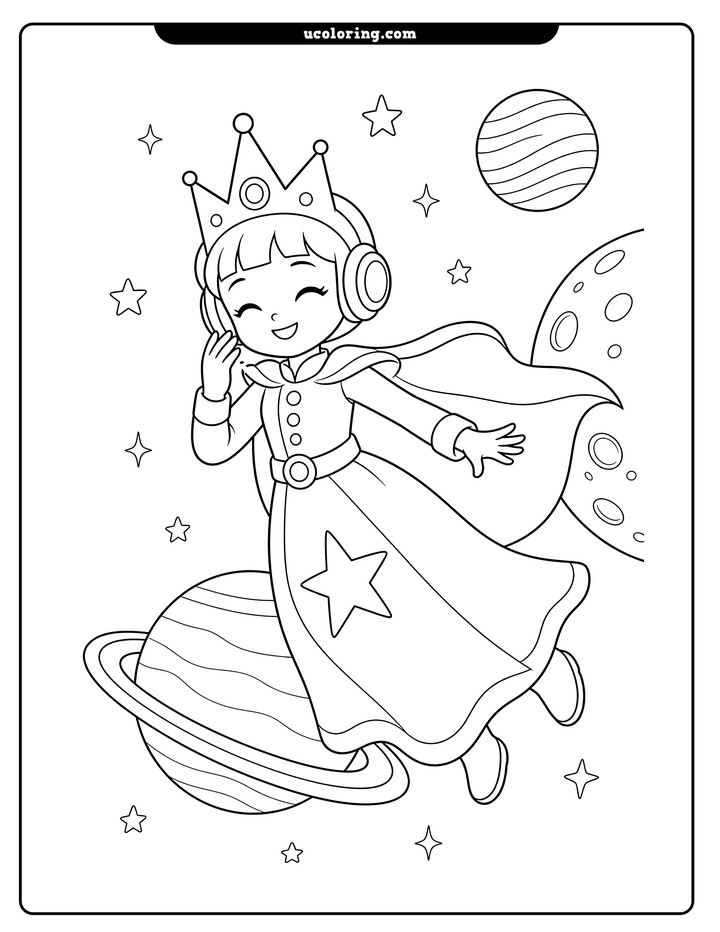 A sci-fi princess with a crown, headphones, cape, and star dress floats among planets and stars coloring page